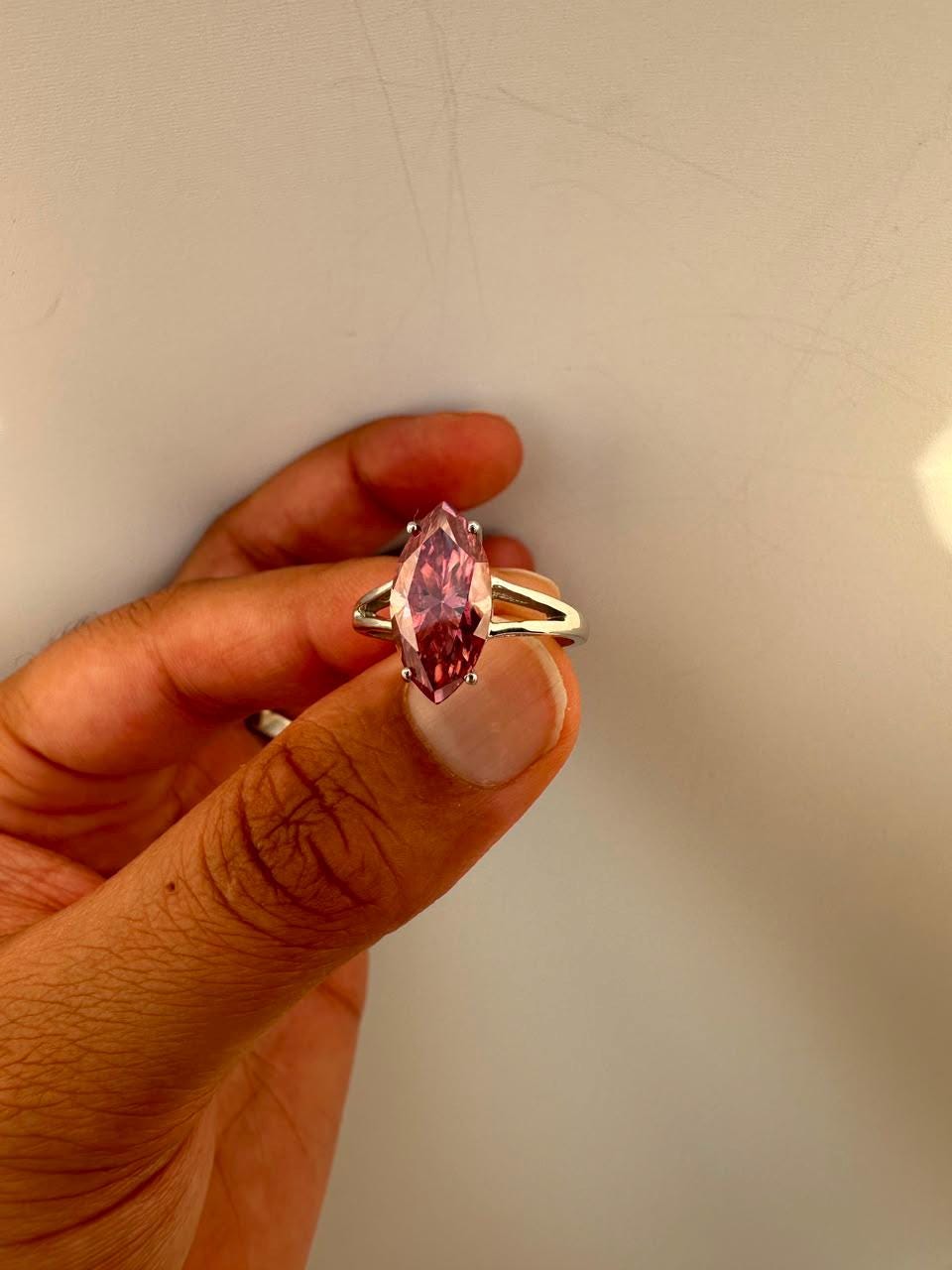 14K White Gold Marquise Pink Moissanite Engagement Ring, 5 Ct Statement Proposal Jewelry