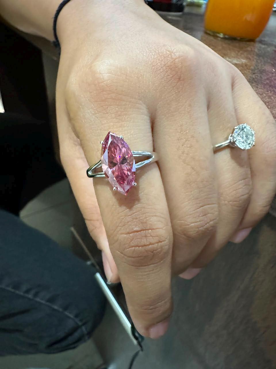 14K White Gold Marquise Pink Moissanite Engagement Ring, 5 Ct Statement Proposal Jewelry