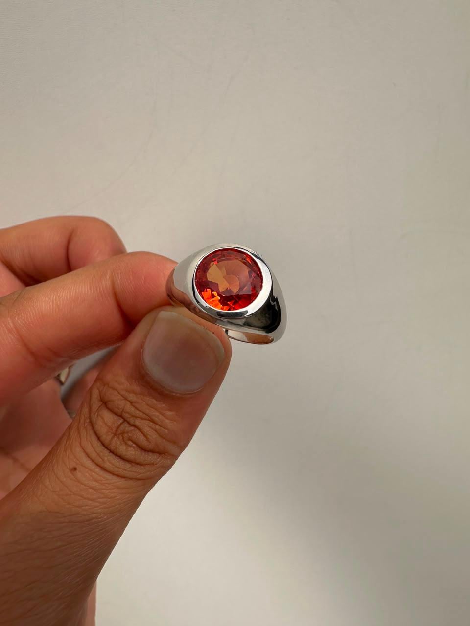 Sunburst Orange Moissanite Signet Ring, 14K White Gold Bezel Set Statement Ring