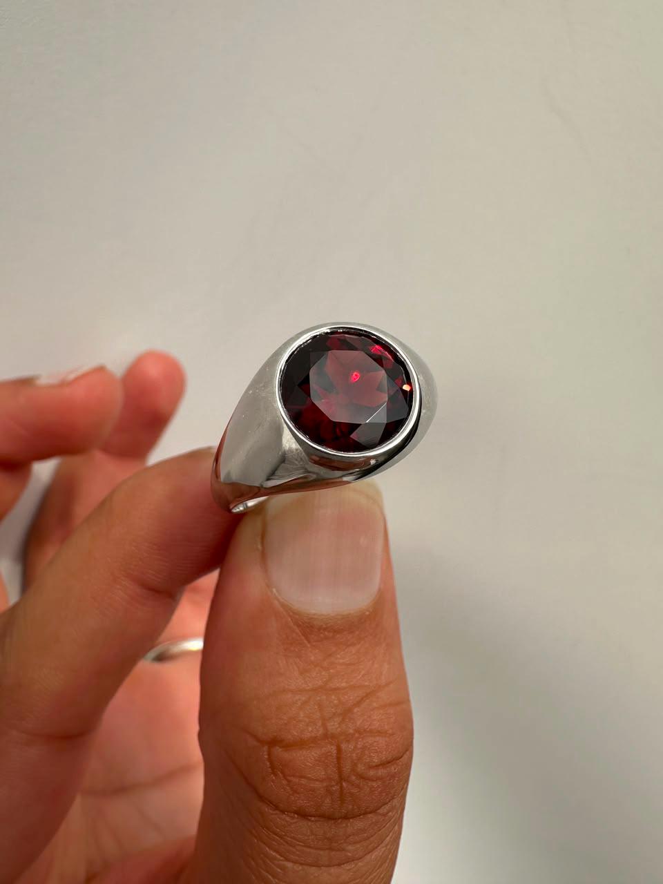 Red Garnet Signet Ring, 14K White Gold Bezel Set, January Birthstone Statement Ring