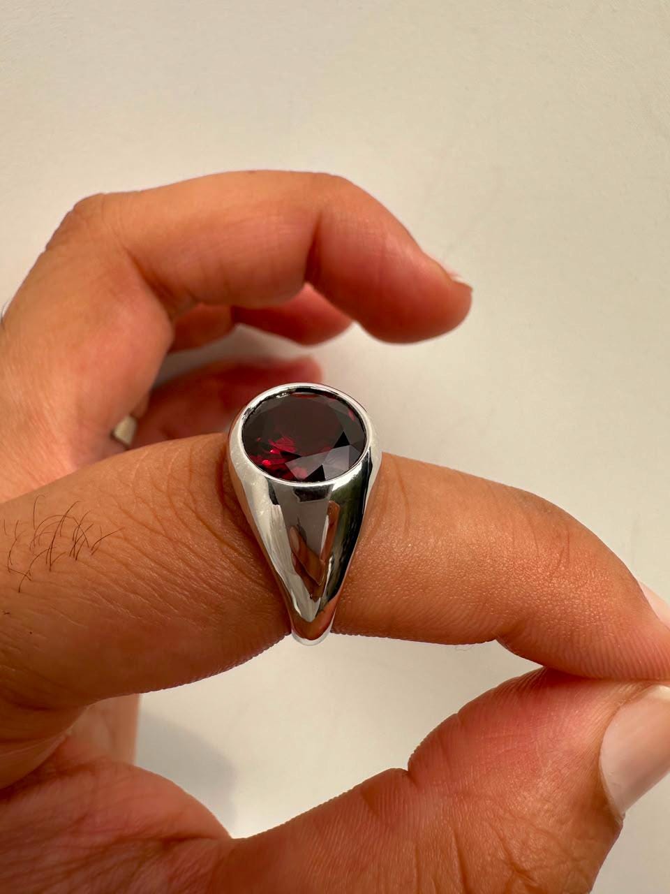 Red Garnet Signet Ring, 14K White Gold Bezel Set, January Birthstone Statement Ring