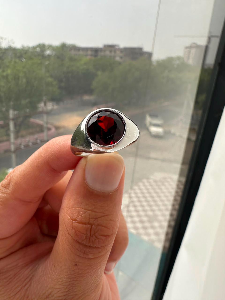 Red Garnet Signet Ring, 14K White Gold Bezel Set, January Birthstone Statement Ring