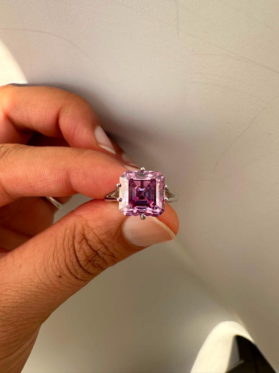 4 CT Asscher Cut Lavender Moissanite Solitaire Ring | 925 Sterling Silver, Statement Jewelry