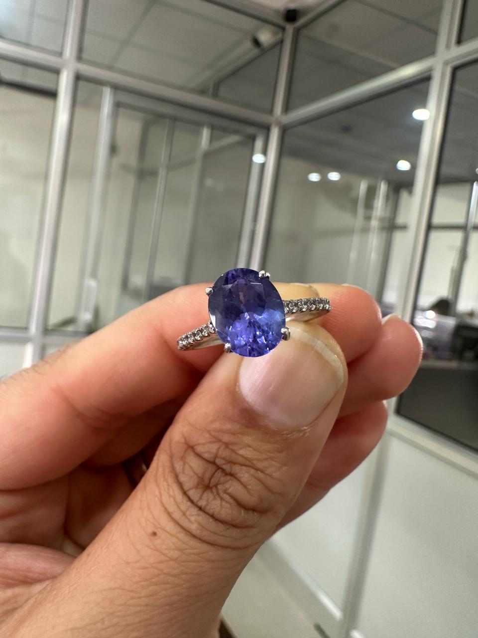 2.5 CT Oval Tanzanite Engagement Ring, 14K Gold Lab Diamond Pavé Band