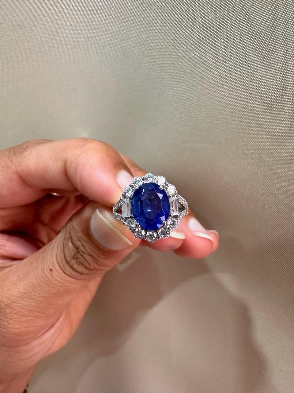 3 CT Oval Blue Sapphire Halo Engagement Ring, 14K White Gold Vintage Ring