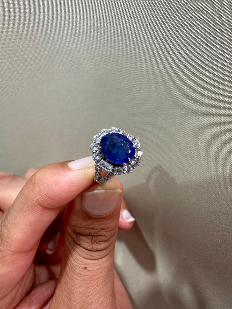 3 CT Oval Blue Sapphire Halo Engagement Ring, 14K White Gold Vintage Ring