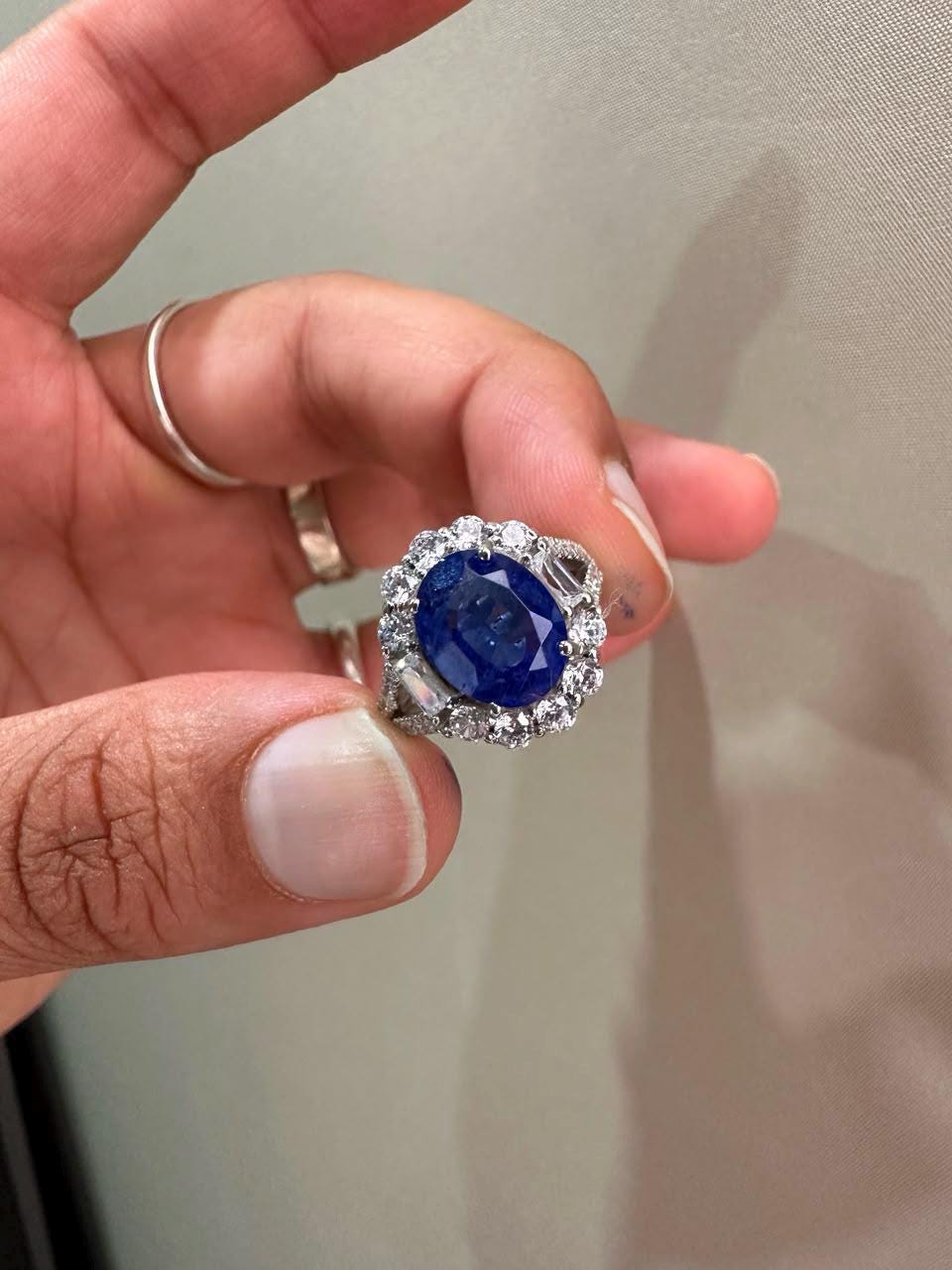3 CT Oval Blue Sapphire Halo Engagement Ring, 14K White Gold Vintage Ring