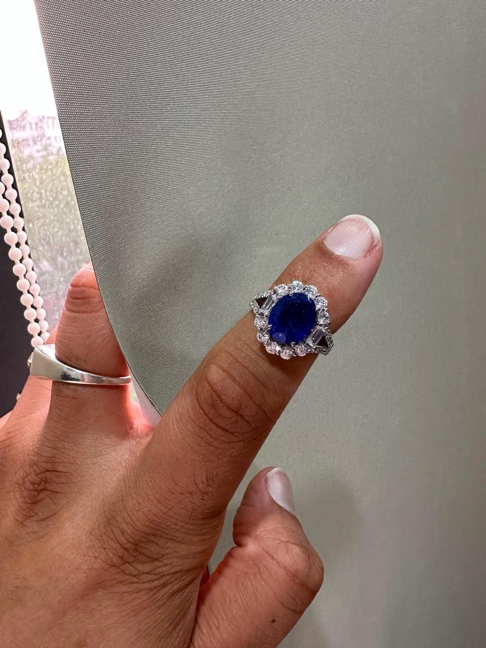 3 CT Oval Blue Sapphire Halo Engagement Ring, 14K White Gold Vintage Ring