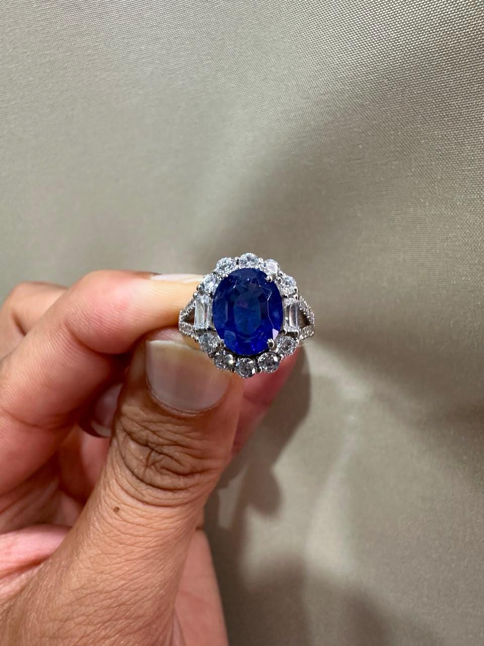 3 CT Oval Blue Sapphire Halo Engagement Ring, 14K White Gold Vintage Ring
