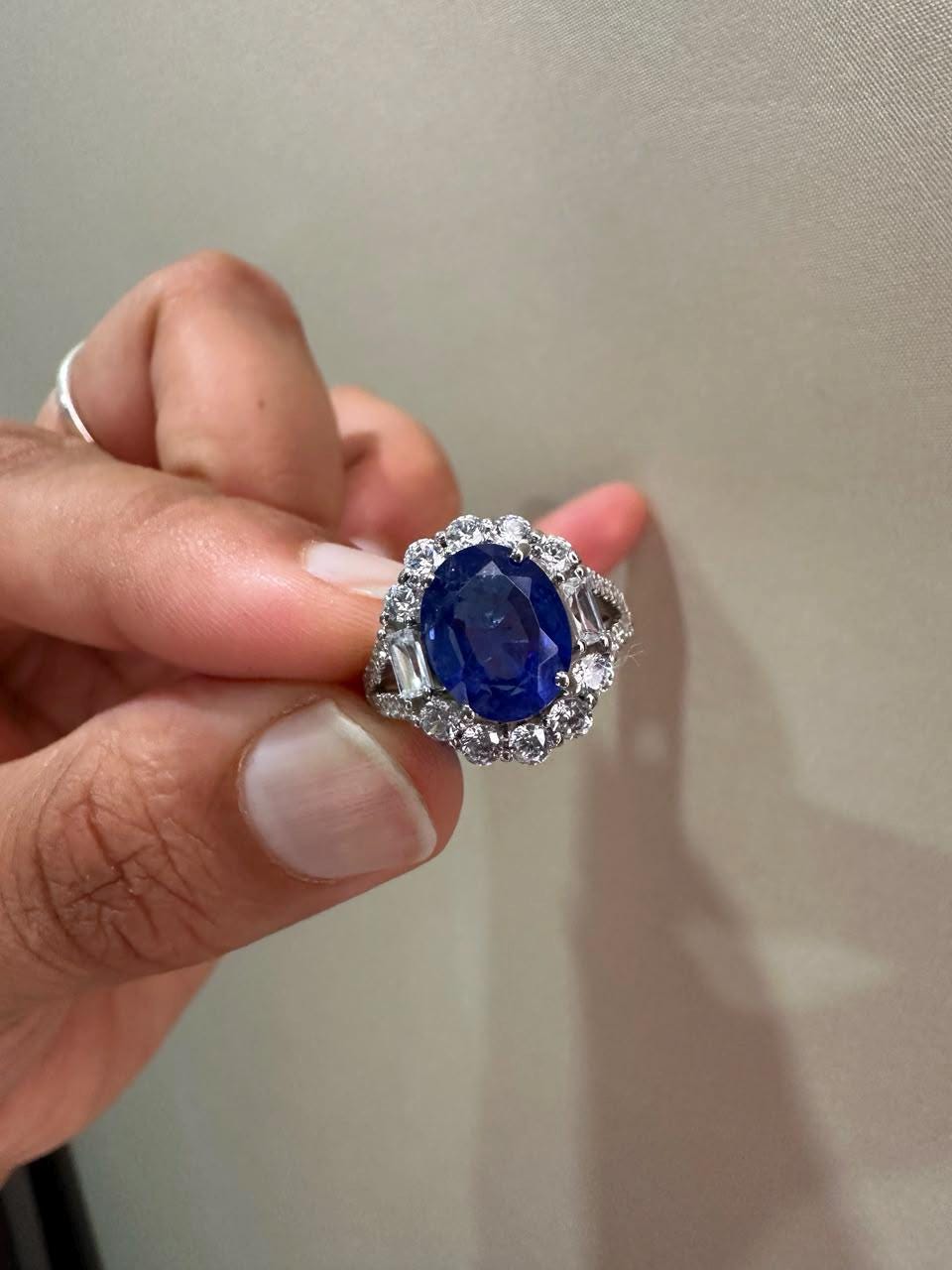 3 CT Oval Blue Sapphire Halo Engagement Ring, 14K White Gold Vintage Ring