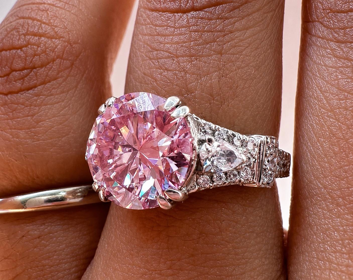 5 CT Vintage Pink Moissanite Engagement Ring, Designer Inspired Statement Ring, 14K White Gold