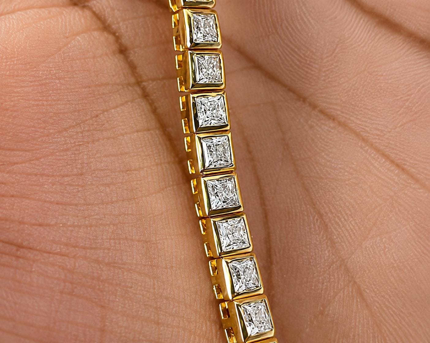 Princess Cut Moissanite Tennis Bracelet, 14K Yellow Gold Plated Bezel Setting