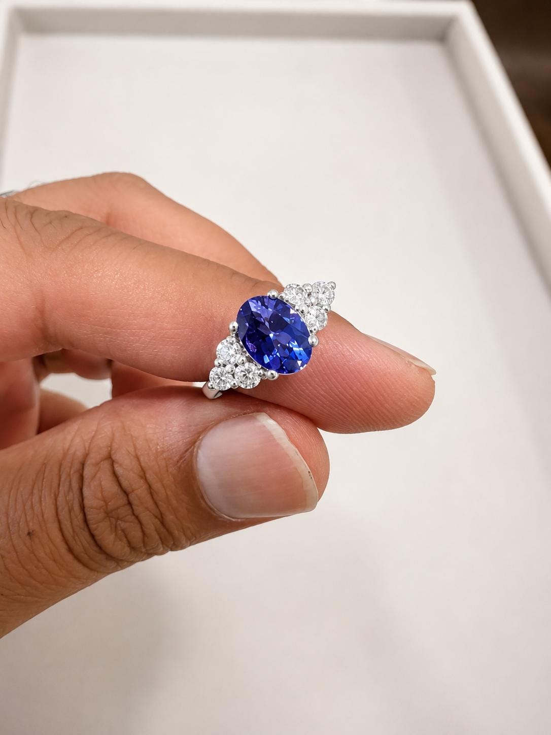 Oval Tanzanite Engagement Ring, 14K White Gold, Blue Purple Gemstone, Moissanite Accents