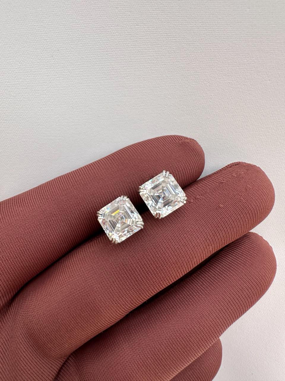 10CT Asscher Cut Moissanite Stud Earrings | 14K White Gold, Screw Back, Men's diamond studs