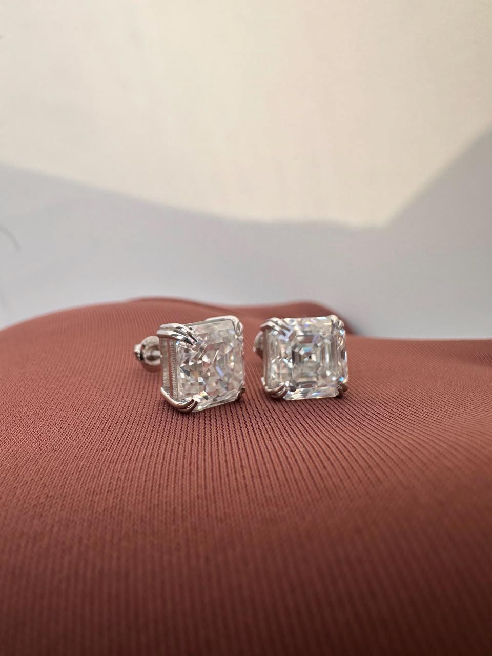 10CT Asscher Cut Moissanite Stud Earrings | 14K White Gold, Screw Back, Men's diamond studs