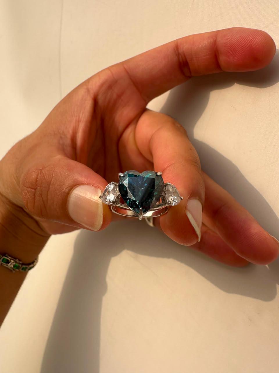 7 CT Alexandrite Heart Moissanite Engagement Ring, 14K White Gold Three stone Ring