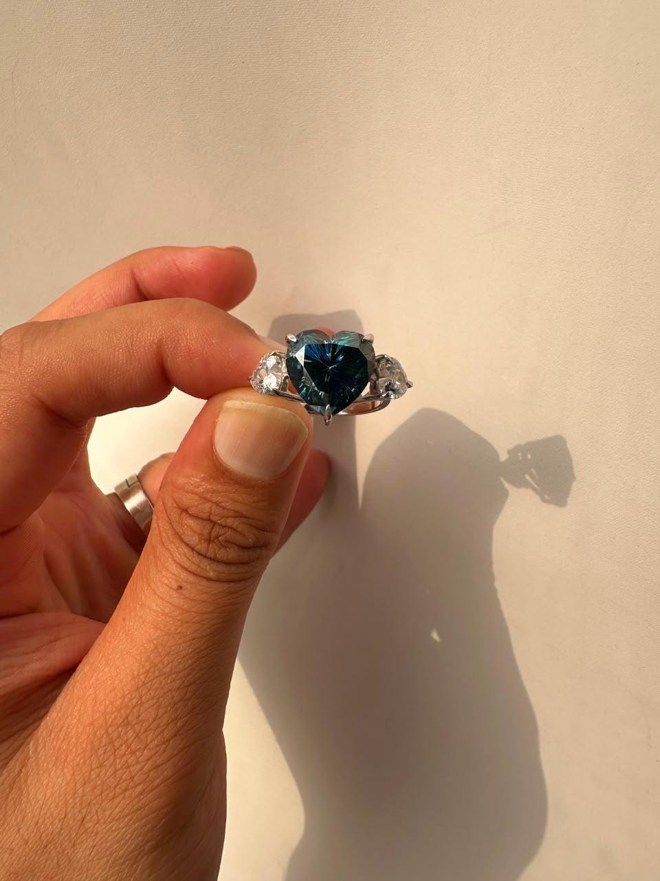 7 CT Alexandrite Heart Moissanite Engagement Ring, 14K White Gold Three stone Ring