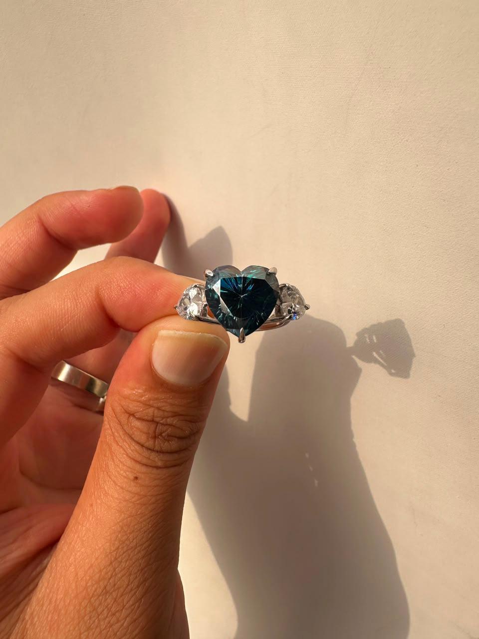 7 CT Alexandrite Heart Moissanite Engagement Ring, 14K White Gold Three stone Ring
