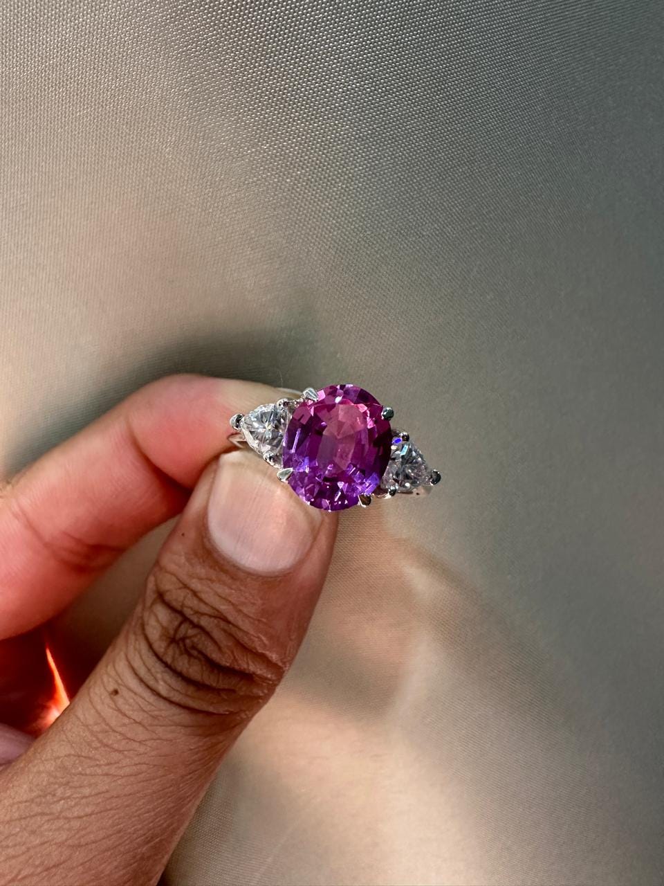 Oval Pink Sapphire Engagement Ring, 14K White Gold, Trillion Accents, September Birthstone