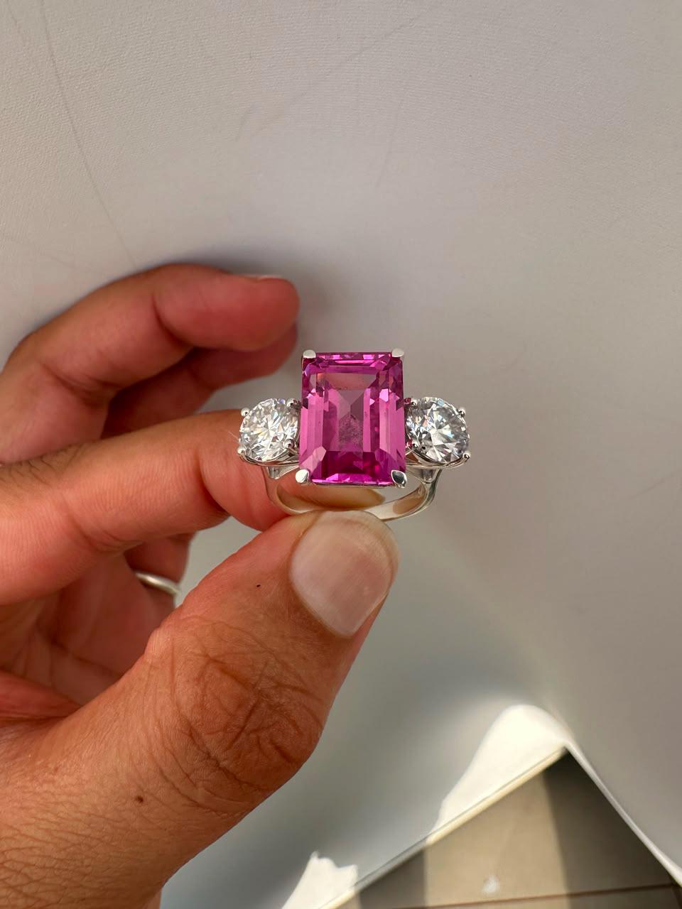 Emerald Cut Pink Sapphire Engagement Ring, 14K White Gold Three Stone Ring