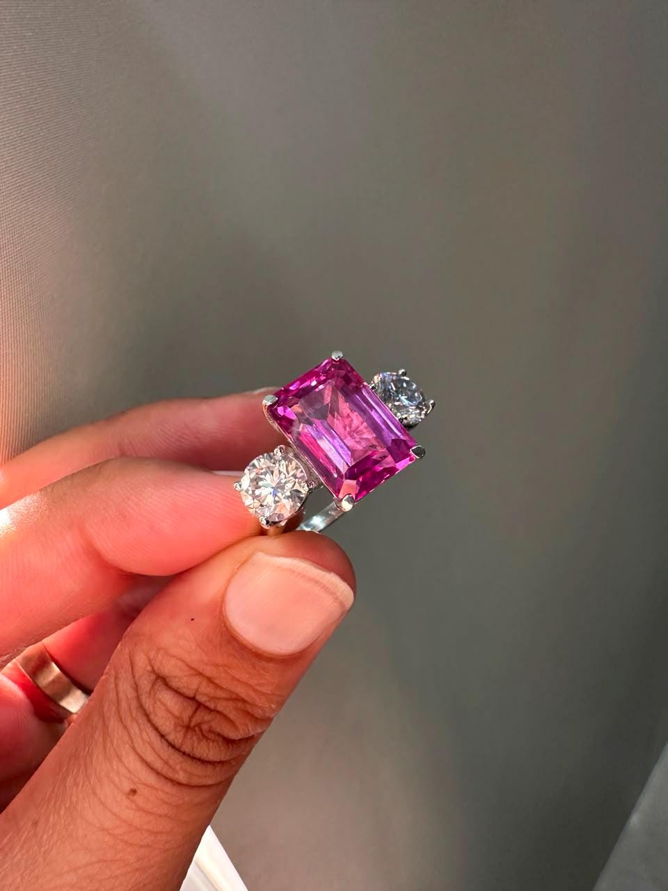 Emerald Cut Pink Sapphire Engagement Ring, 14K White Gold Three Stone Ring