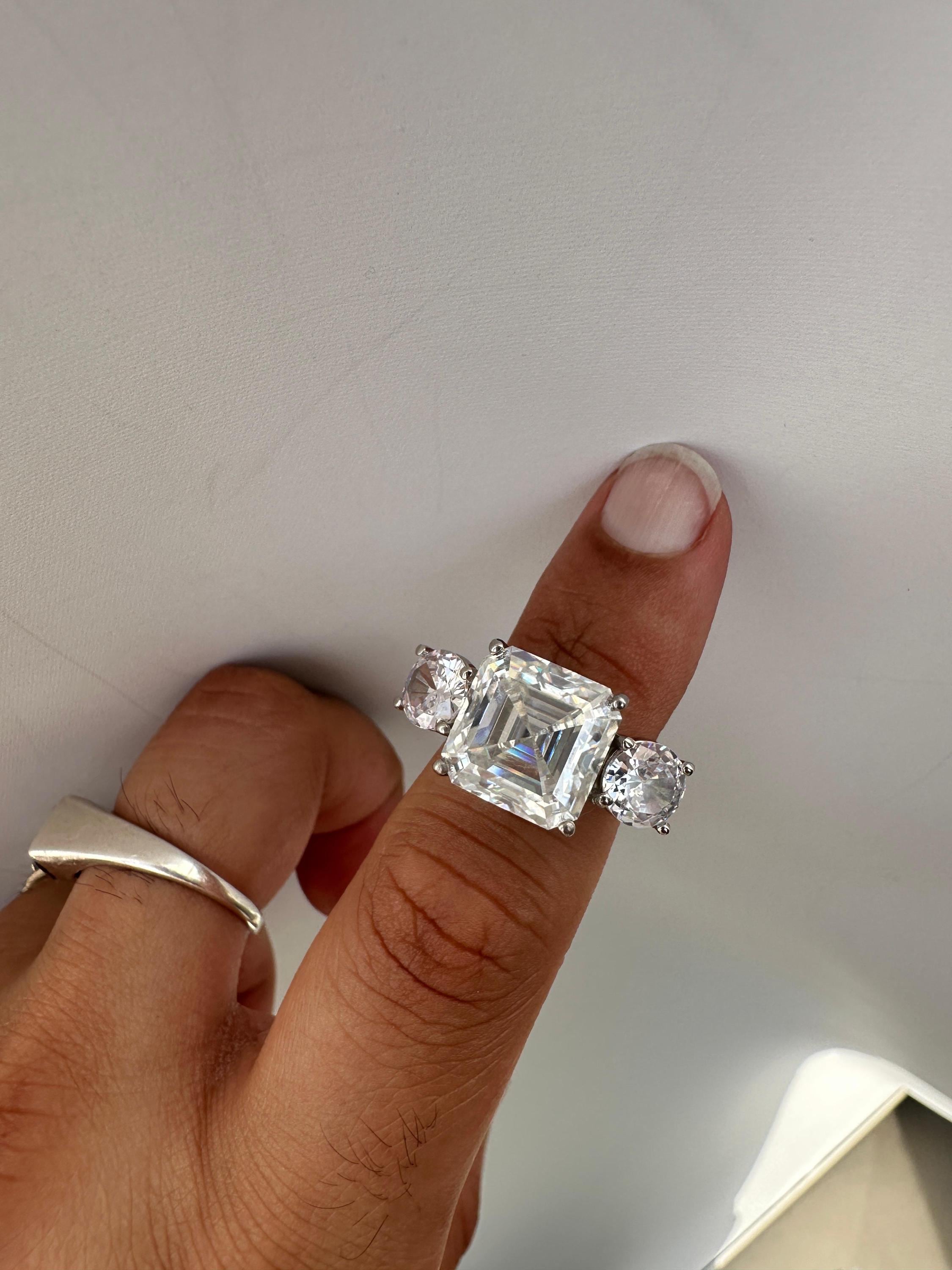 10 CT Asscher Cut Moissanite Ring, 14K White Gold Three Stone Engagement Ring