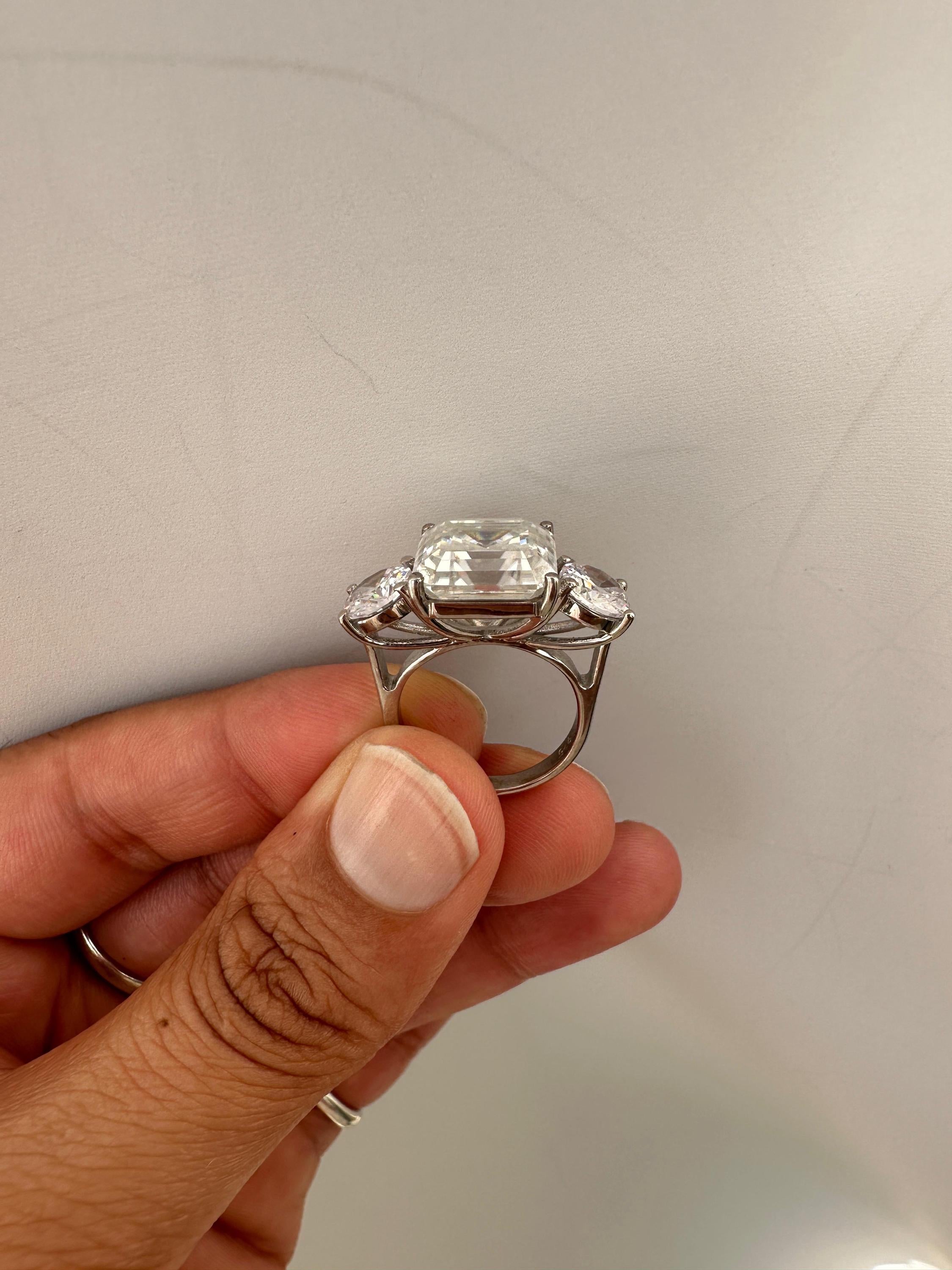 10 CT Asscher Cut Moissanite Ring, 14K White Gold Three Stone Engagement Ring