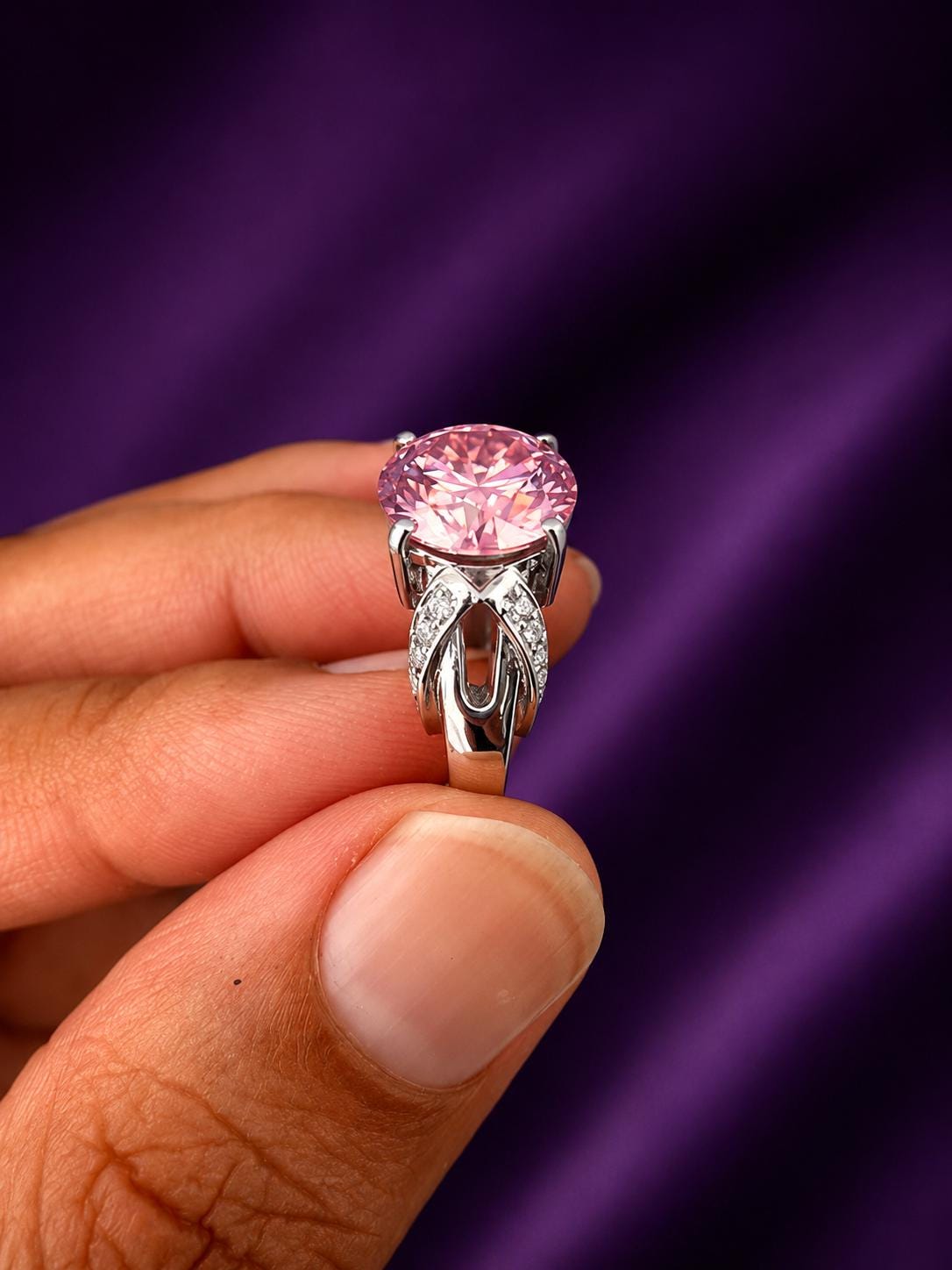 5 CT Pink Round Moissanite Engagement Ring, 14K White Gold Crossover Band