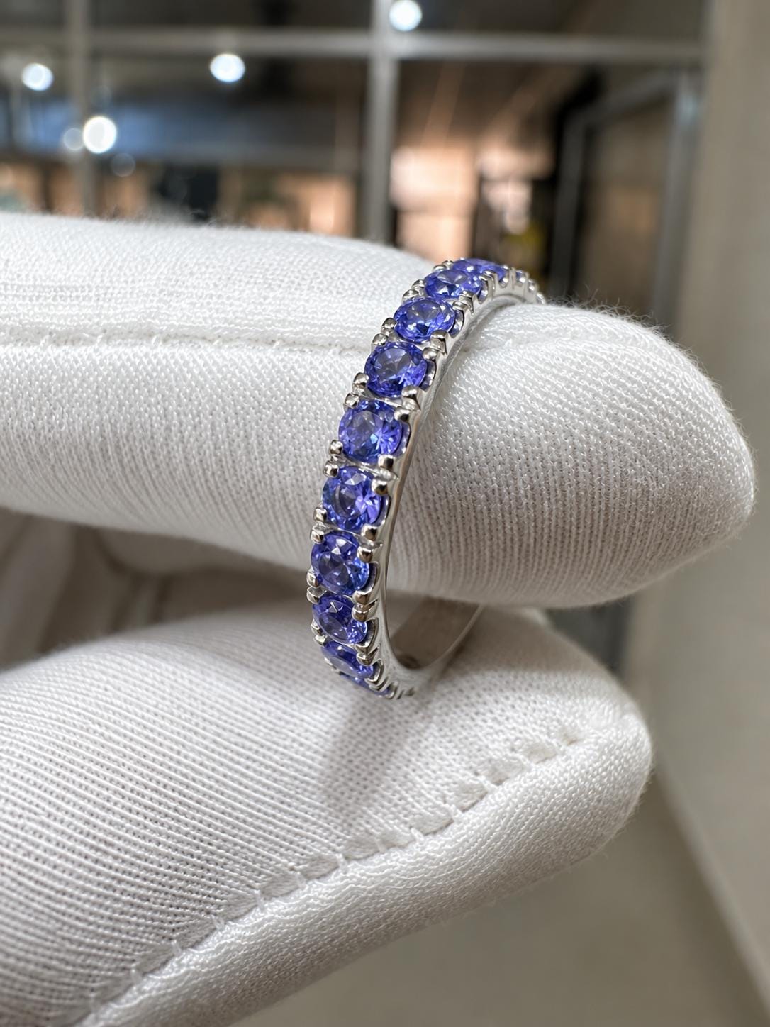 14k White Gold Tanzanite Eternity Band, Blue Purple Gemstone Wedding Ring