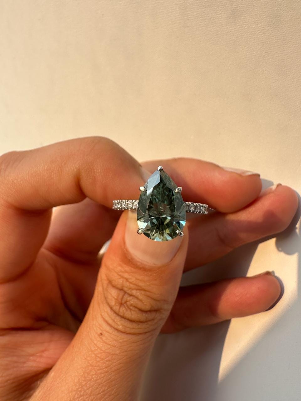 Pear Cut Alexandrite Moissanite Engagement Ring | 14K White Gold Color Changing Bridal Ring