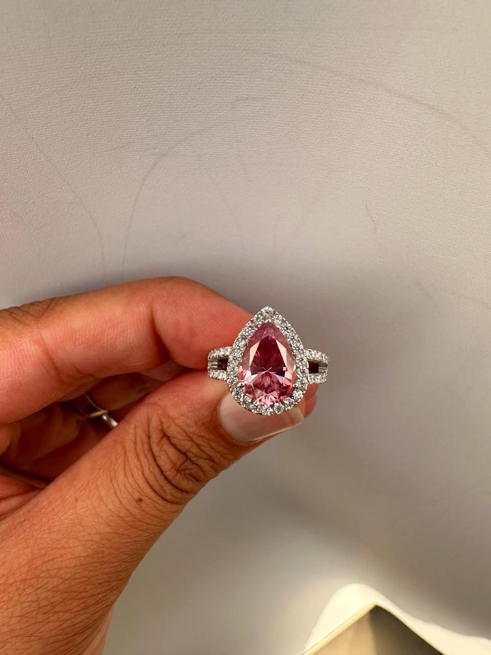 4 CT Pink Pear Moissanite Halo Engagement Ring 14K White Gold Split Shank