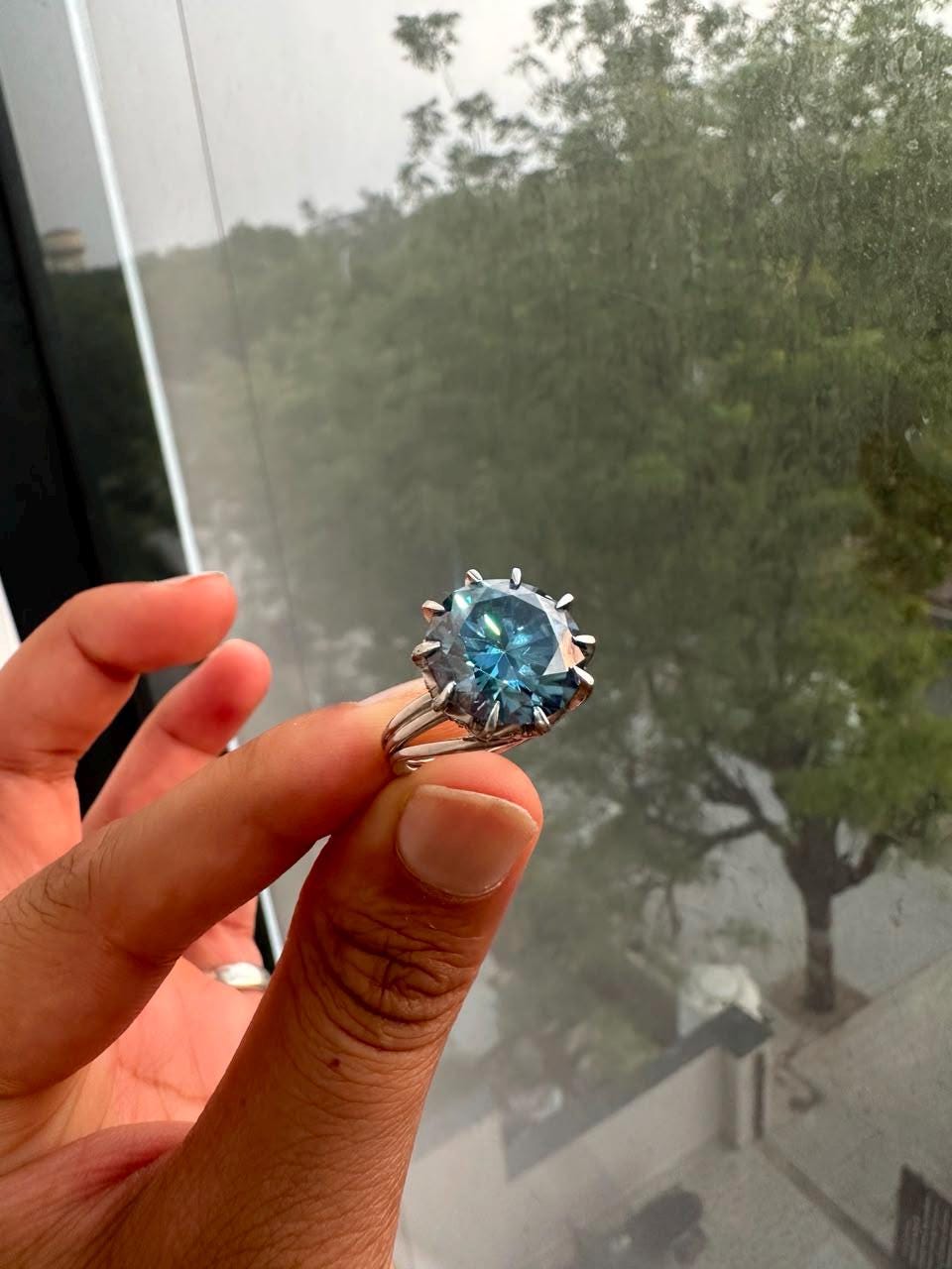 10 CT Blue Moissanite Statement Ring, 14K White Gold Split Shank, Modern Women's Ring
