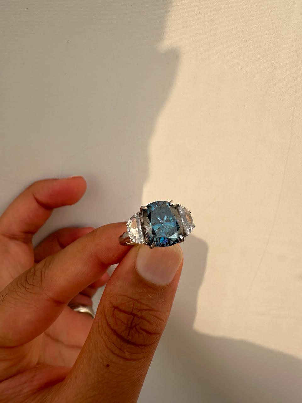 7 CT Blue Cushion Moissanite Engagement Ring, 14K White Gold Three Stone Ring