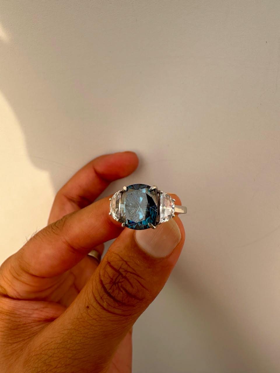 7 CT Blue Cushion Moissanite Engagement Ring, 14K White Gold Three Stone Ring