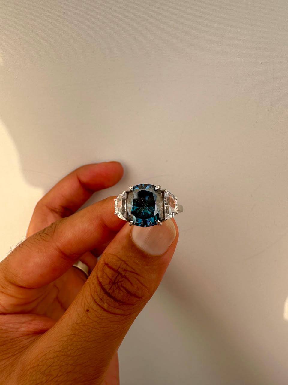 7 CT Blue Cushion Moissanite Engagement Ring, 14K White Gold Three Stone Ring