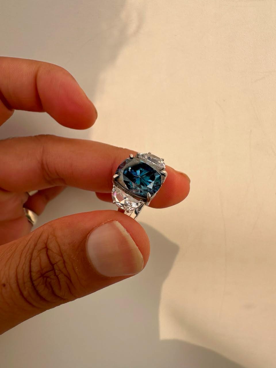 7 CT Blue Cushion Moissanite Engagement Ring, 14K White Gold Three Stone Ring