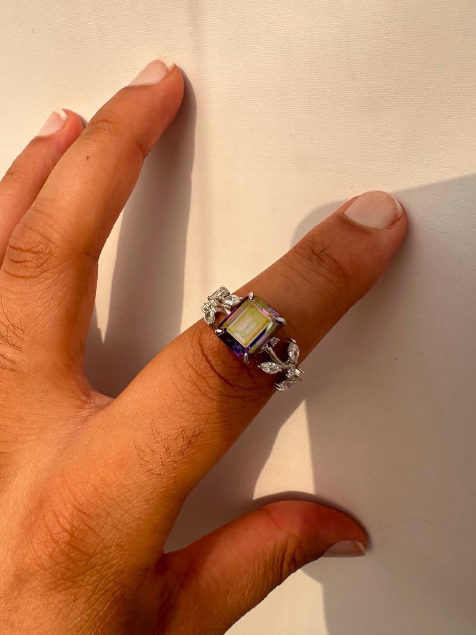 3 CT Royal Purple Emerald Cut Moissanite Ring, 14K White Gold Leaf Band