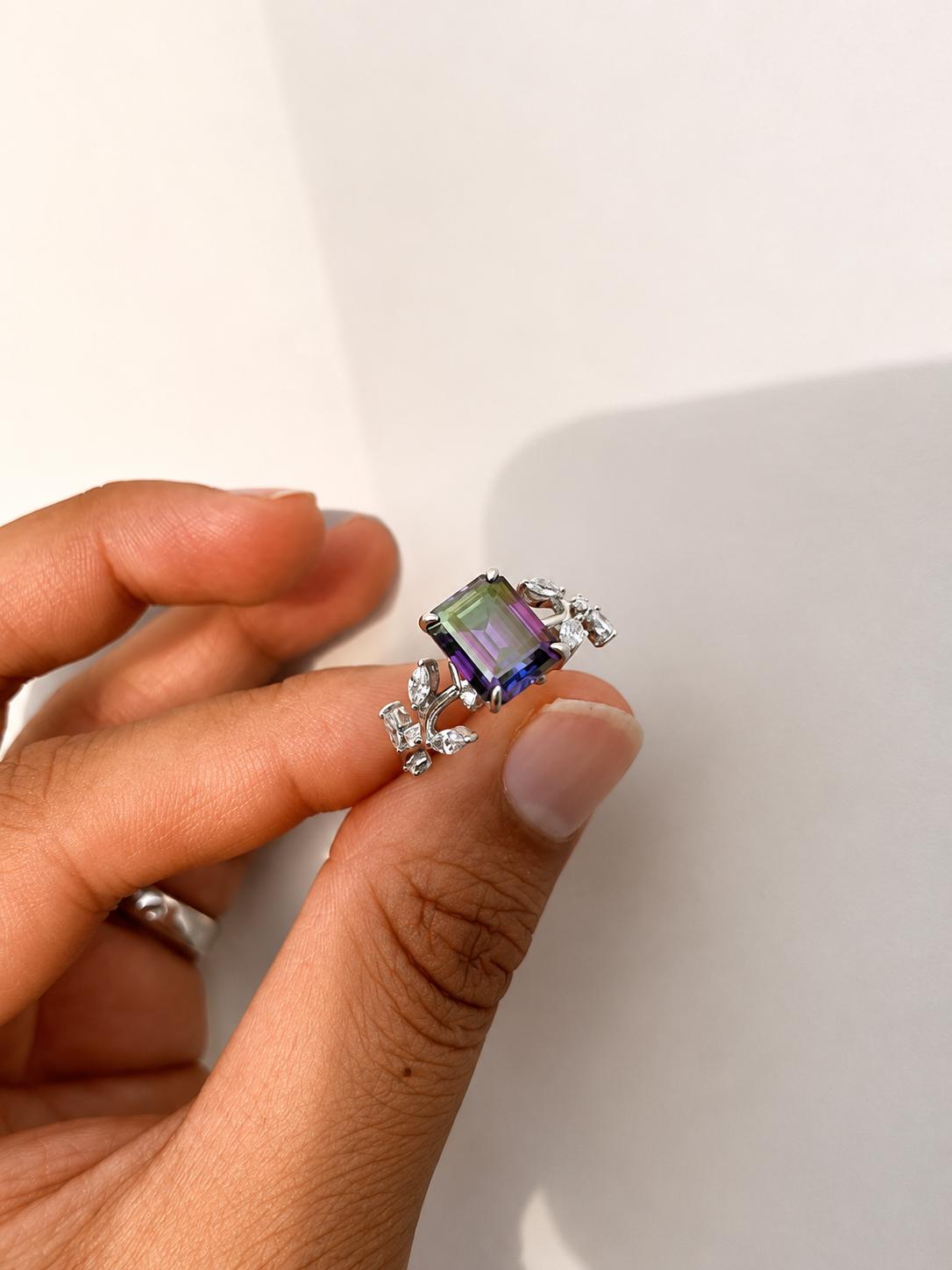 3 CT Royal Purple Emerald Cut Moissanite Ring, 14K White Gold Leaf Band
