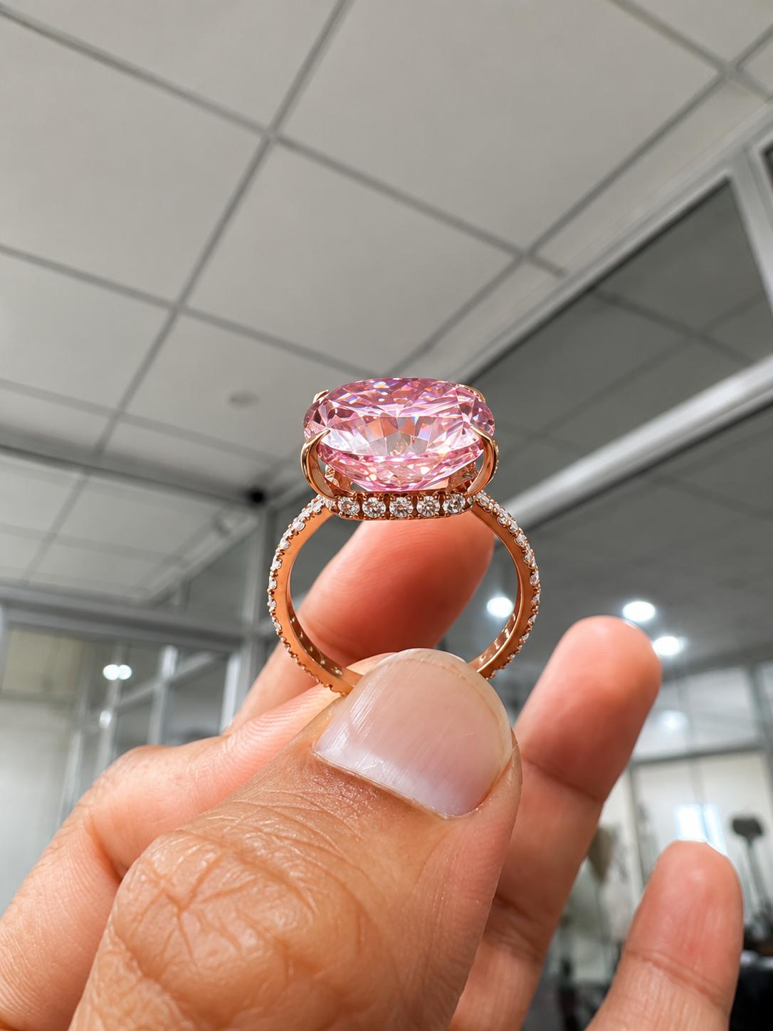 10 CT Pink Cushion Moissanite Engagement Ring, 14K Rose Gold Hidden Halo Pavé Band