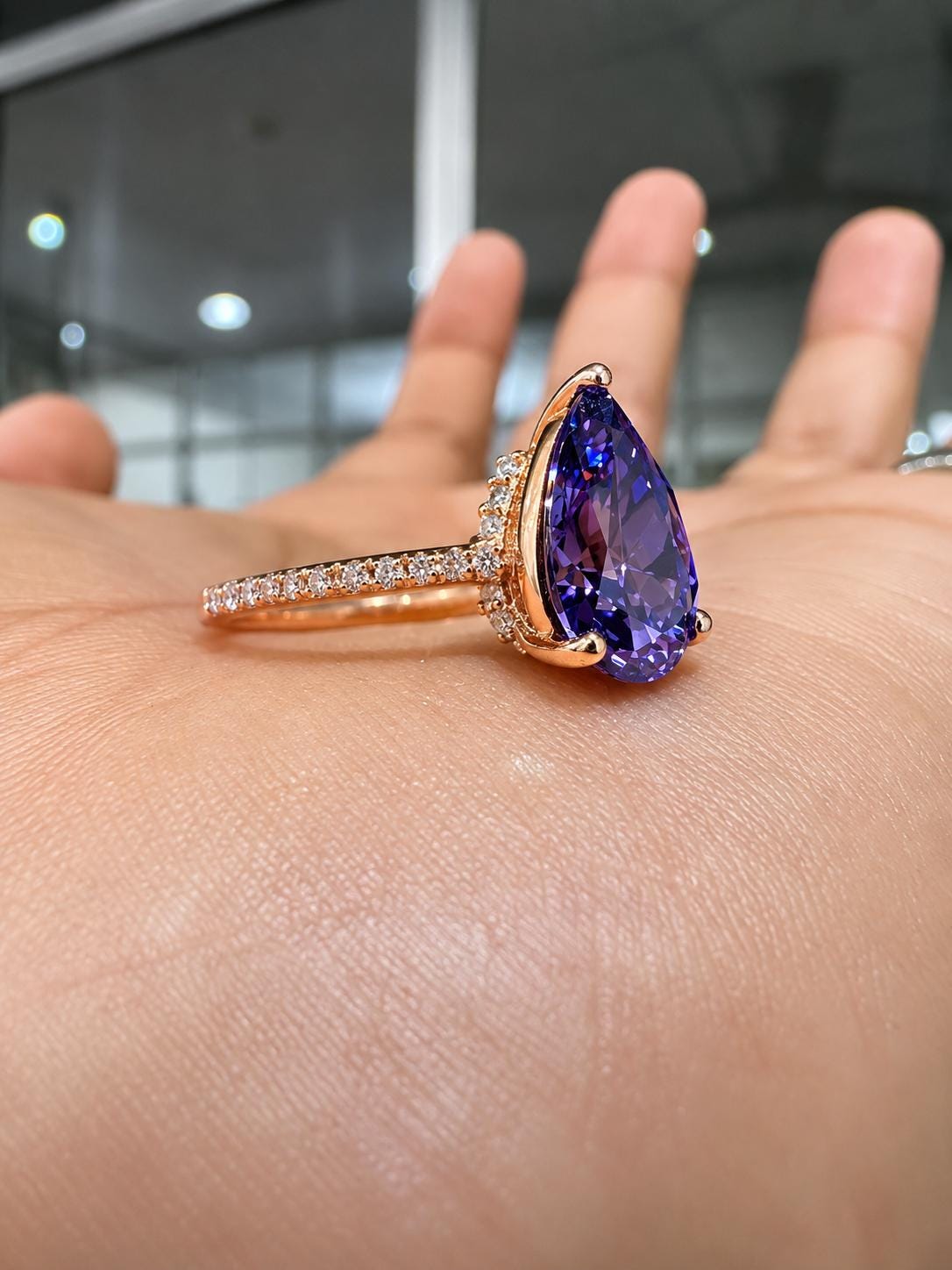 3.5 CT Purple Moissanite Engagement Ring, 14K Rose Gold Hidden Halo Ring