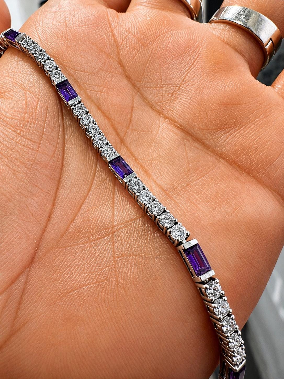 Amethyst Moissanite Tennis Bracelet, 925 Sterling Silver, Multi Shape Bracelet, Luxury Anniversary Gift