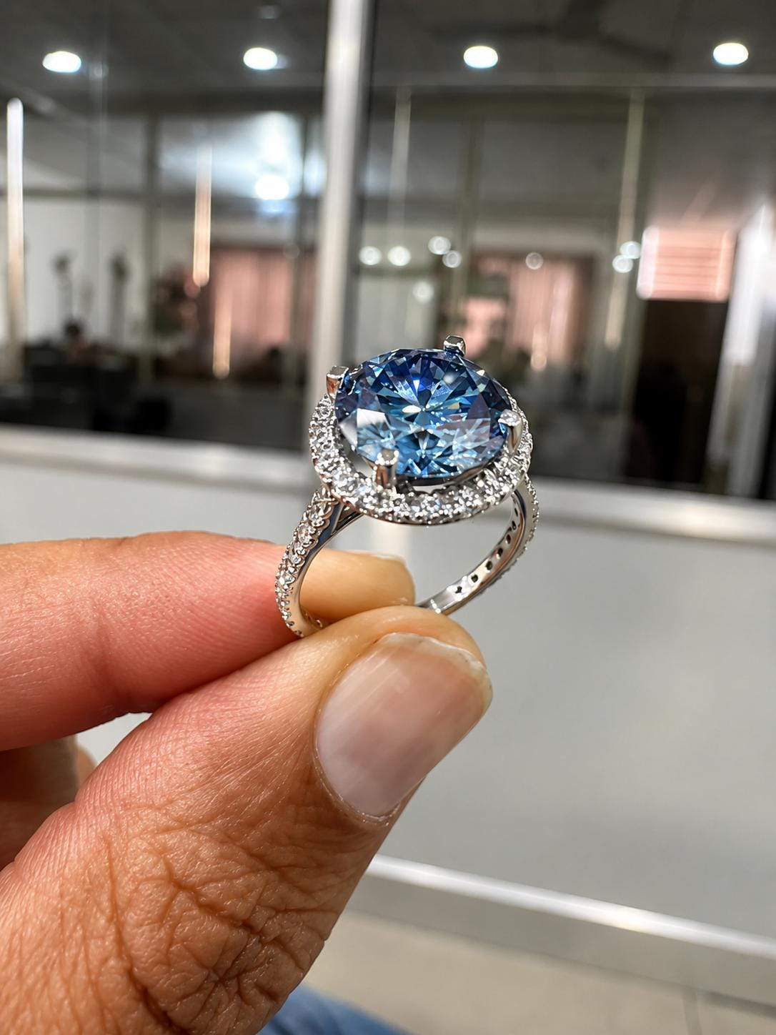 Blue Moissanite Engagement Ring | 14K White Gold Halo Pave Band, Gift for her