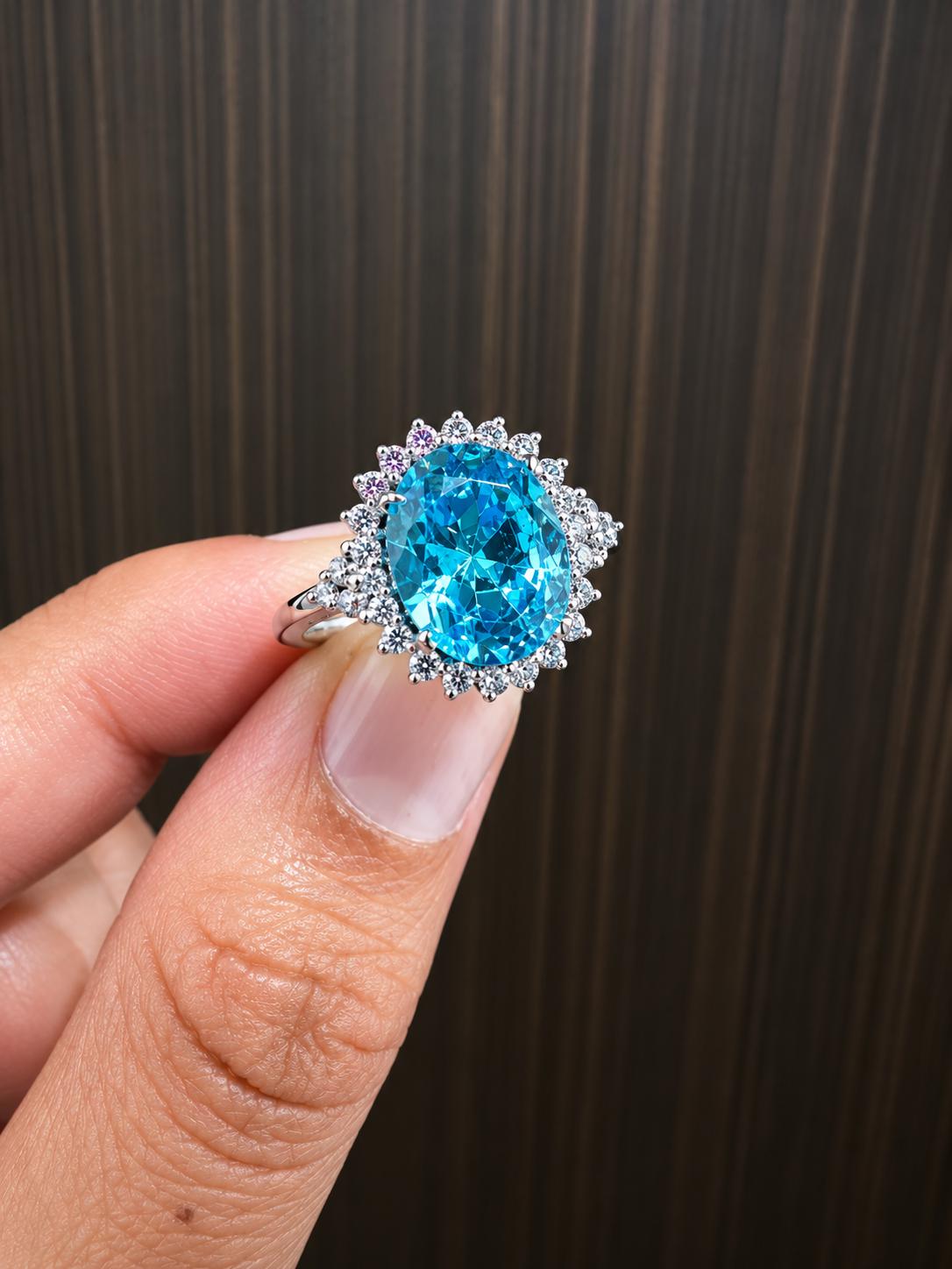 Ice Blue Oval Halo Ring, 925 Sterling Silver Statement Cocktail Ring for women