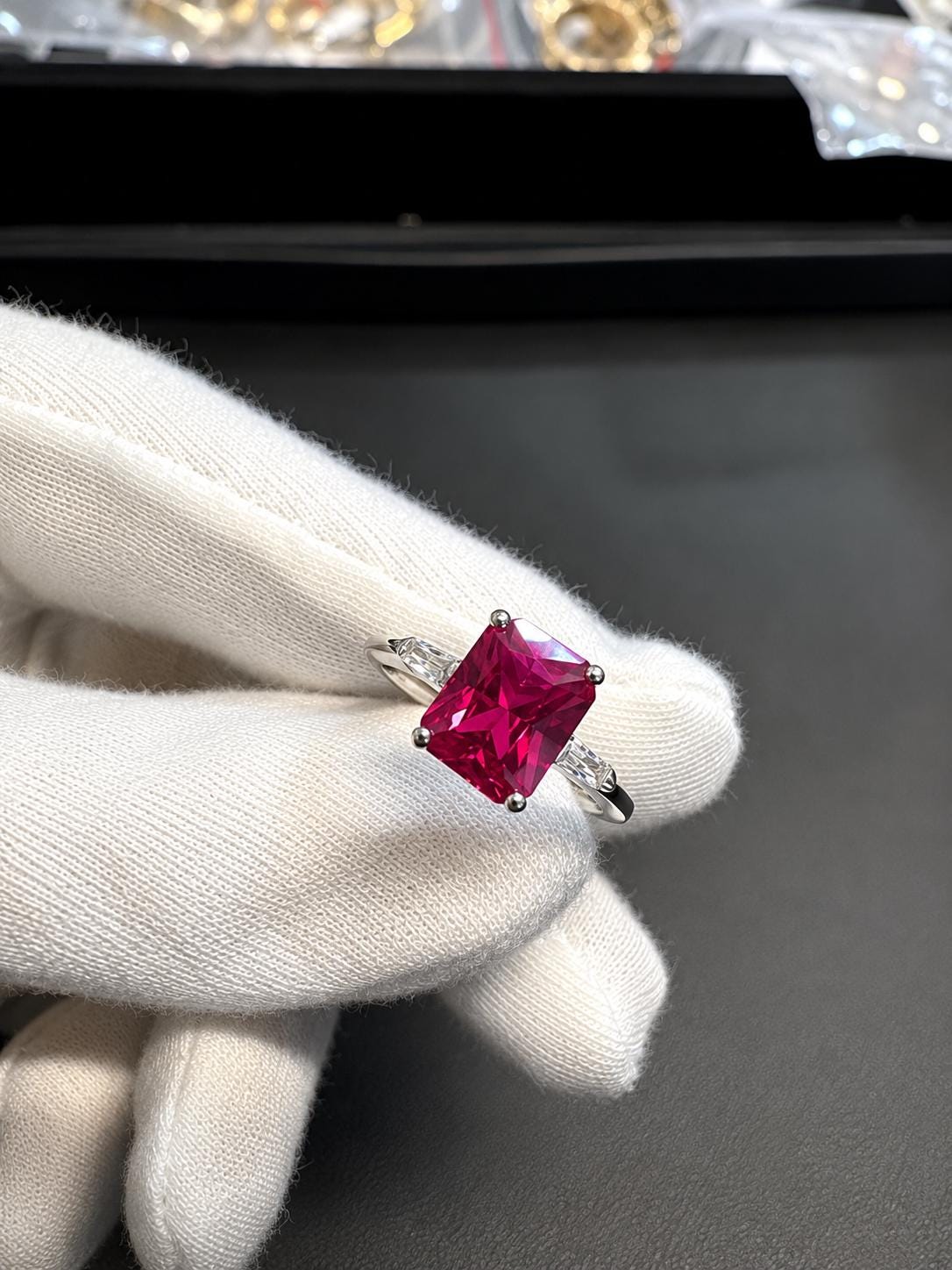 2.5 CT Emerald Cut Ruby Engagement Ring, Three Stone Moissanite, 14K White Gold Ring