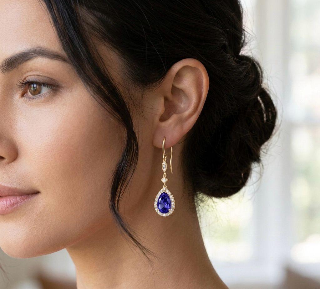 Pear Tanzanite Drop Earrings 14K Yellow Gold with Lab Diamonds 2.5 CT