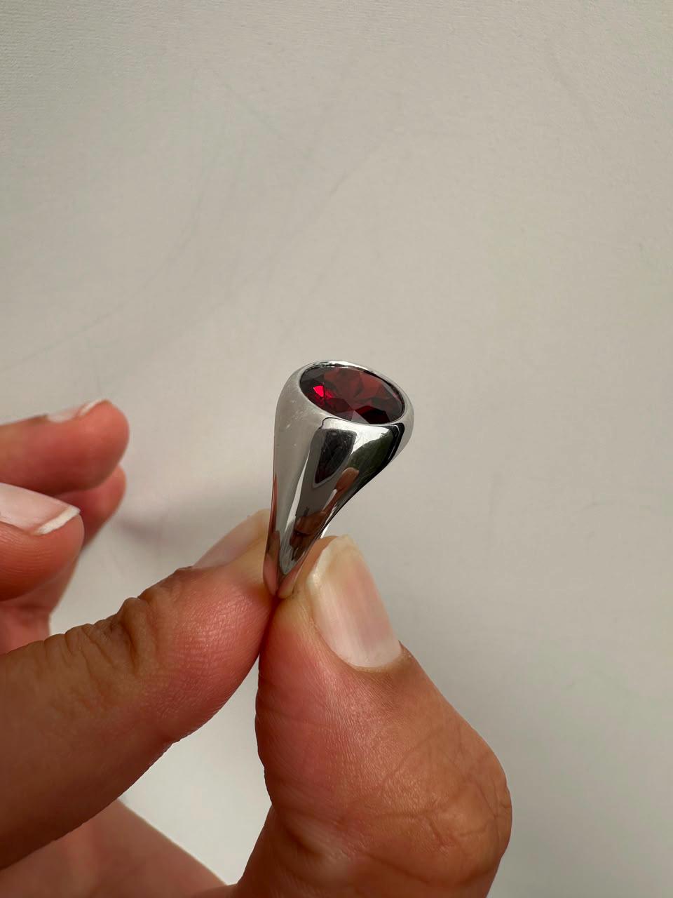 Red Garnet Signet Ring, 14K White Gold Bezel Set, January Birthstone Statement Ring
