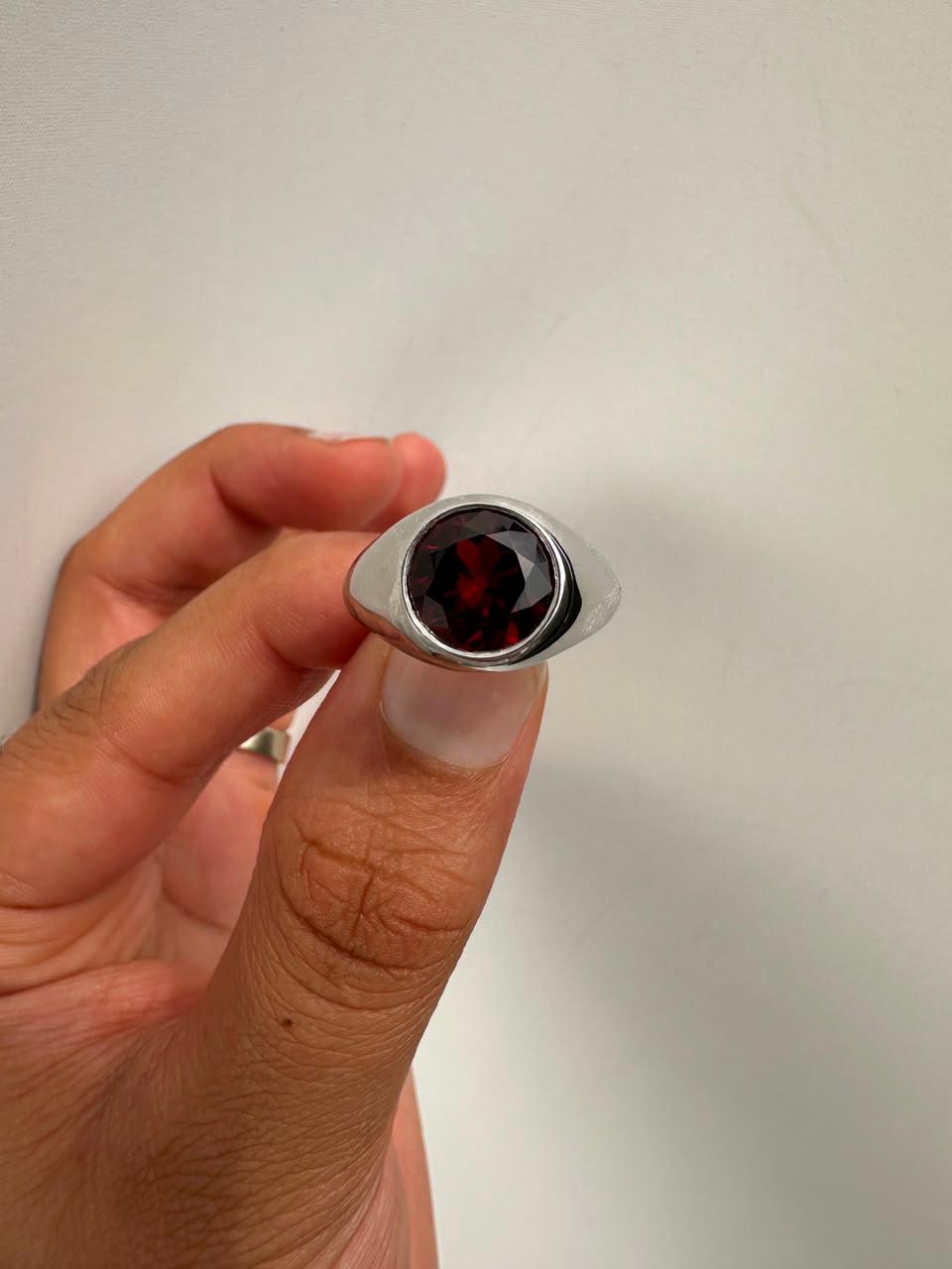 Red Garnet Signet Ring, 14K White Gold Bezel Set, January Birthstone Statement Ring