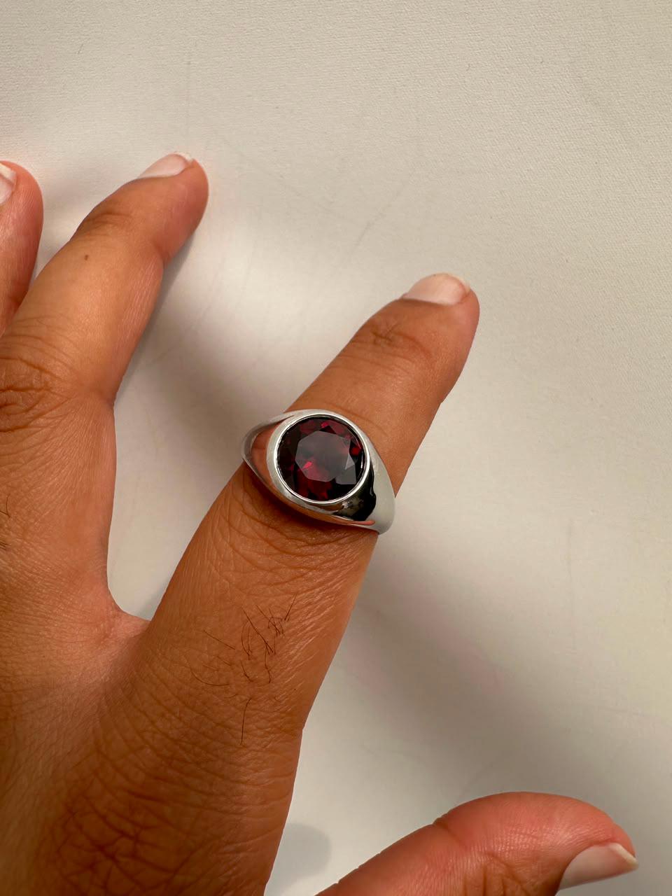 Red Garnet Signet Ring, 14K White Gold Bezel Set, January Birthstone Statement Ring