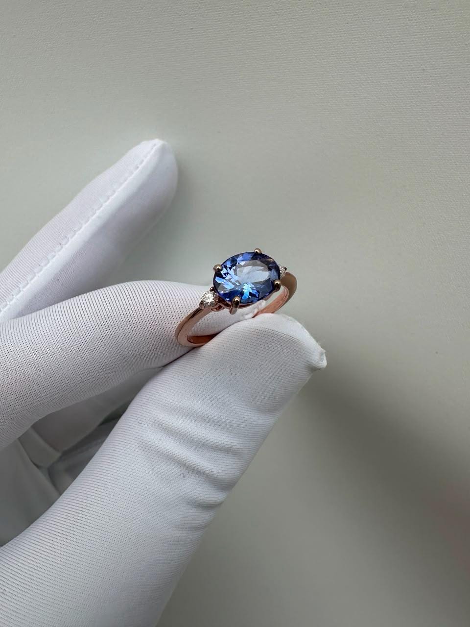 14K Rose Gold Oval Tanzanite Ring – Elegant Solitaire Engagement Ring, Diamond Accents