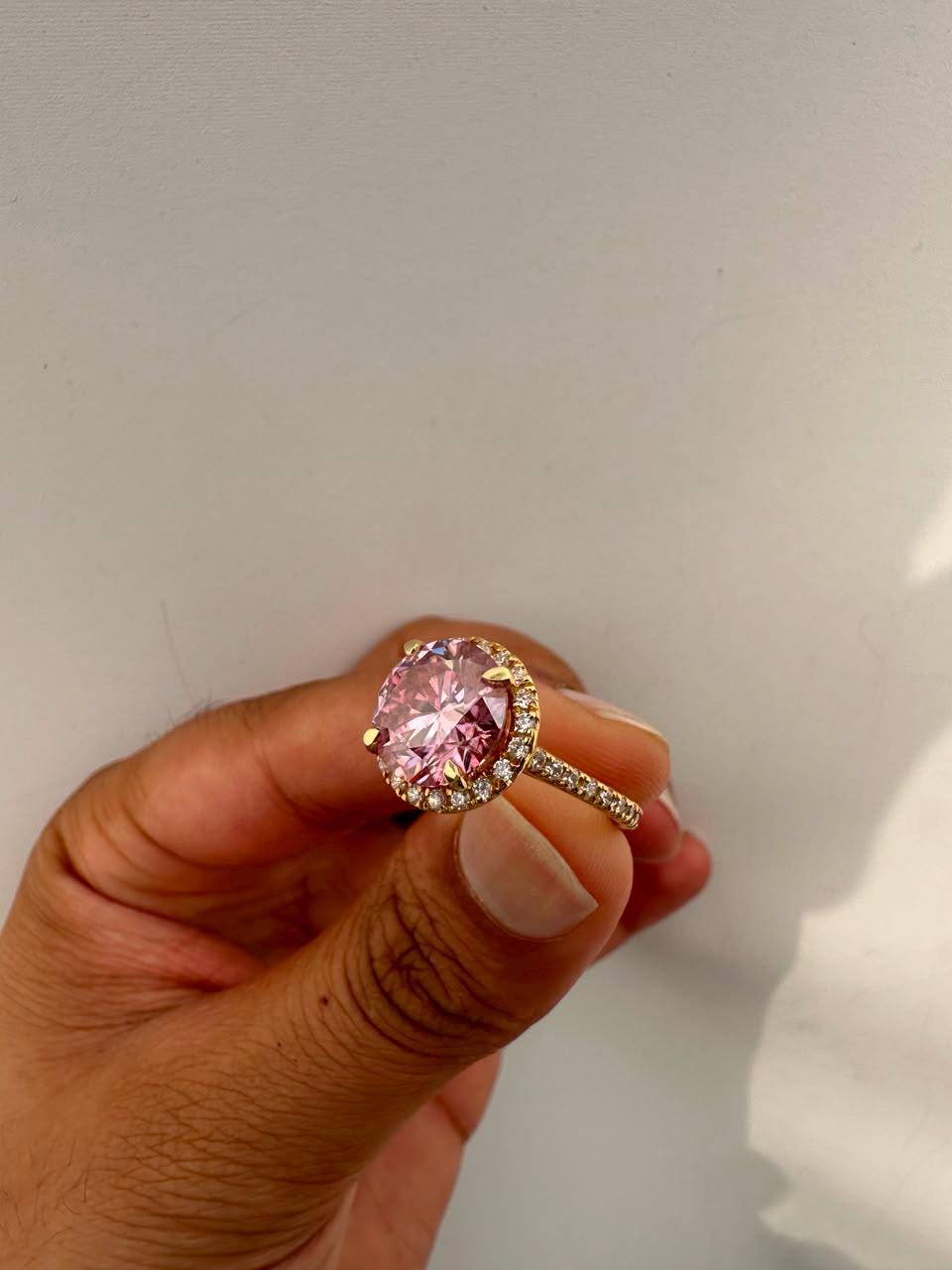 5 CT Pink Round Moissanite Halo Ring, 14K Yellow Gold Pavé Band Engagement Ring